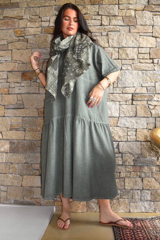 Rustic Nature Linen Blend Smock T Shirt Dress Washed Moss